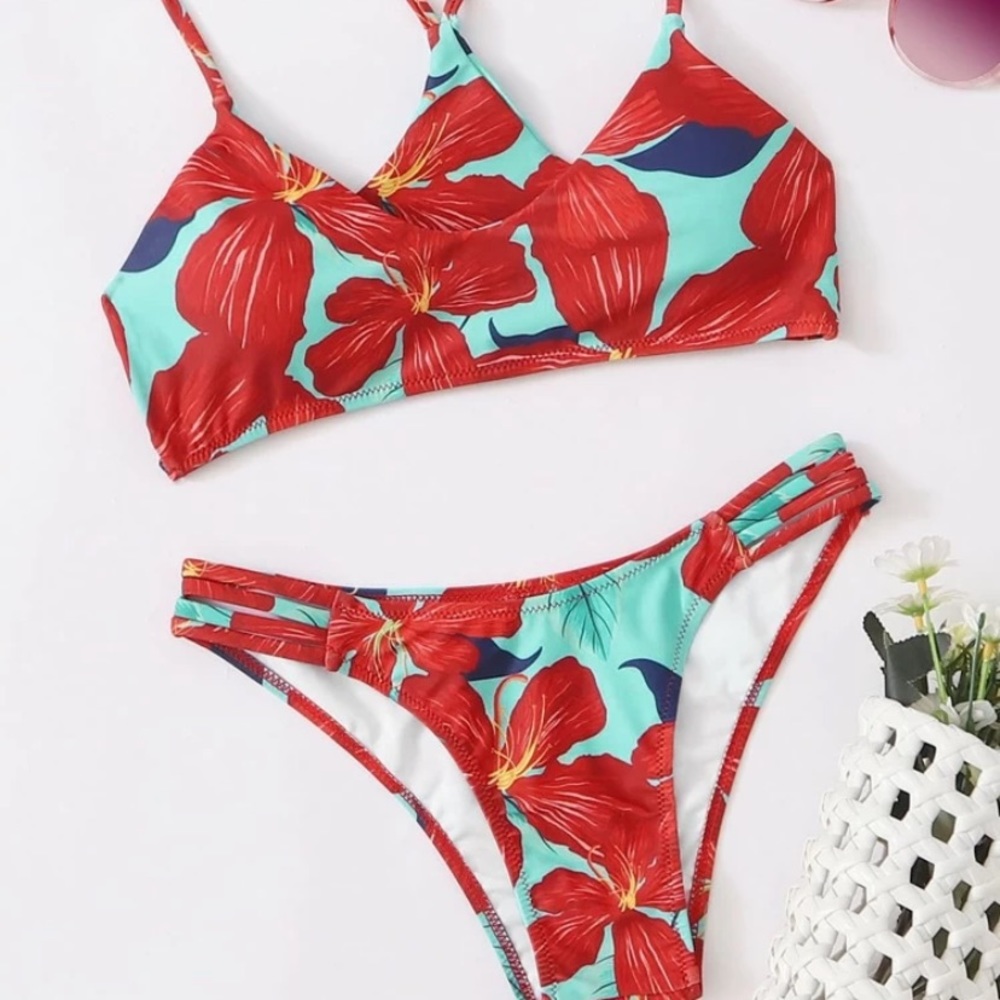 Red and blue floral print racer back bikini